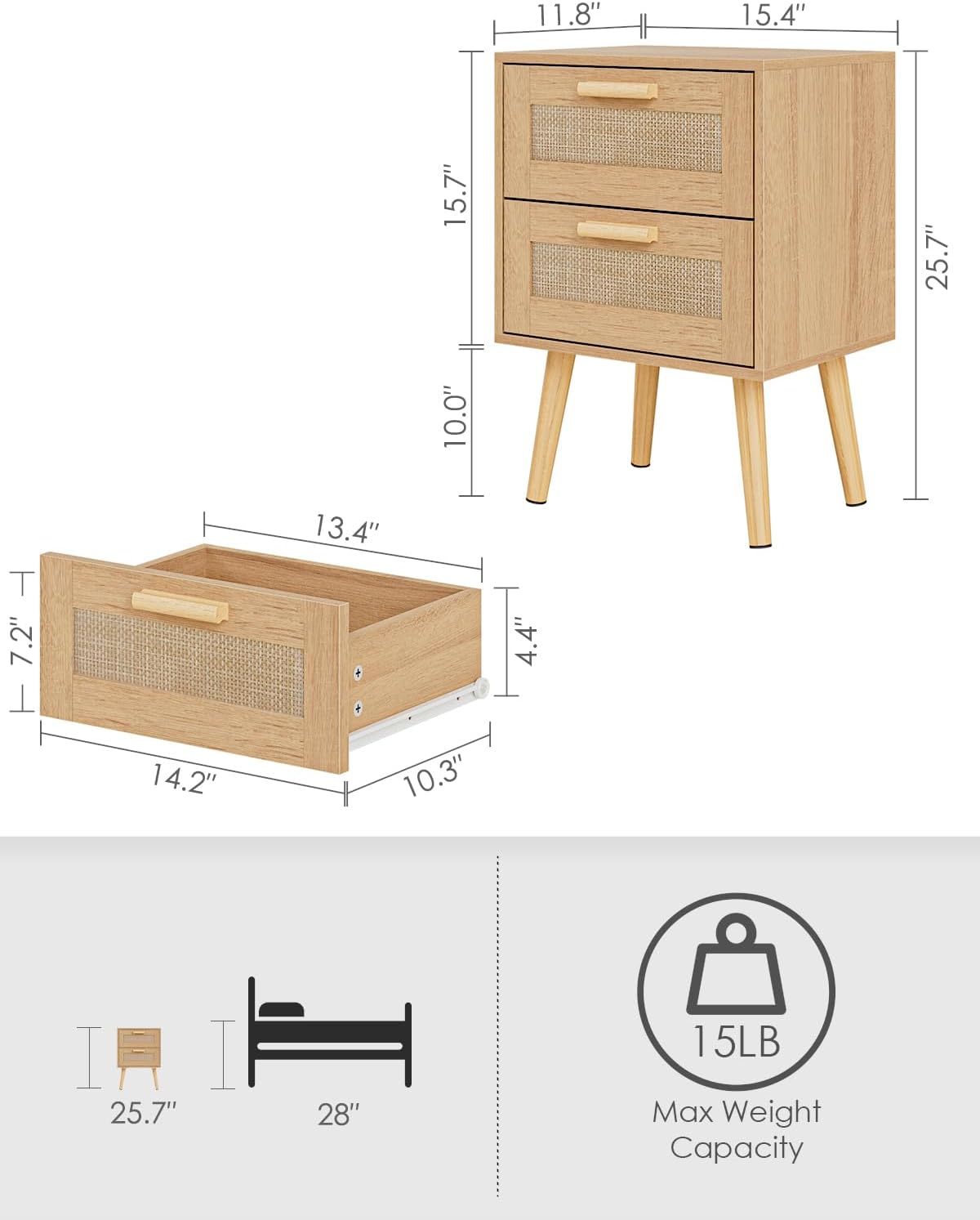 Natural Boho Two-Drawer Rattan Nightstand