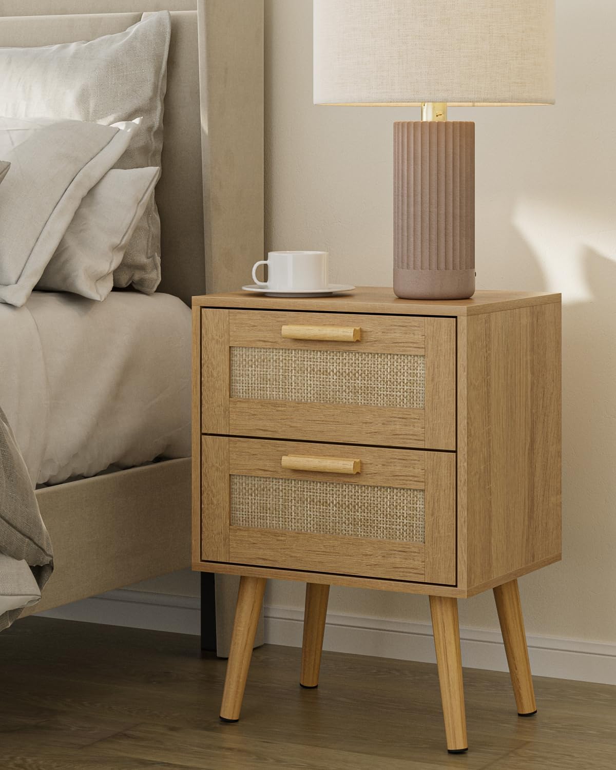Natural Boho Two-Drawer Rattan Nightstand