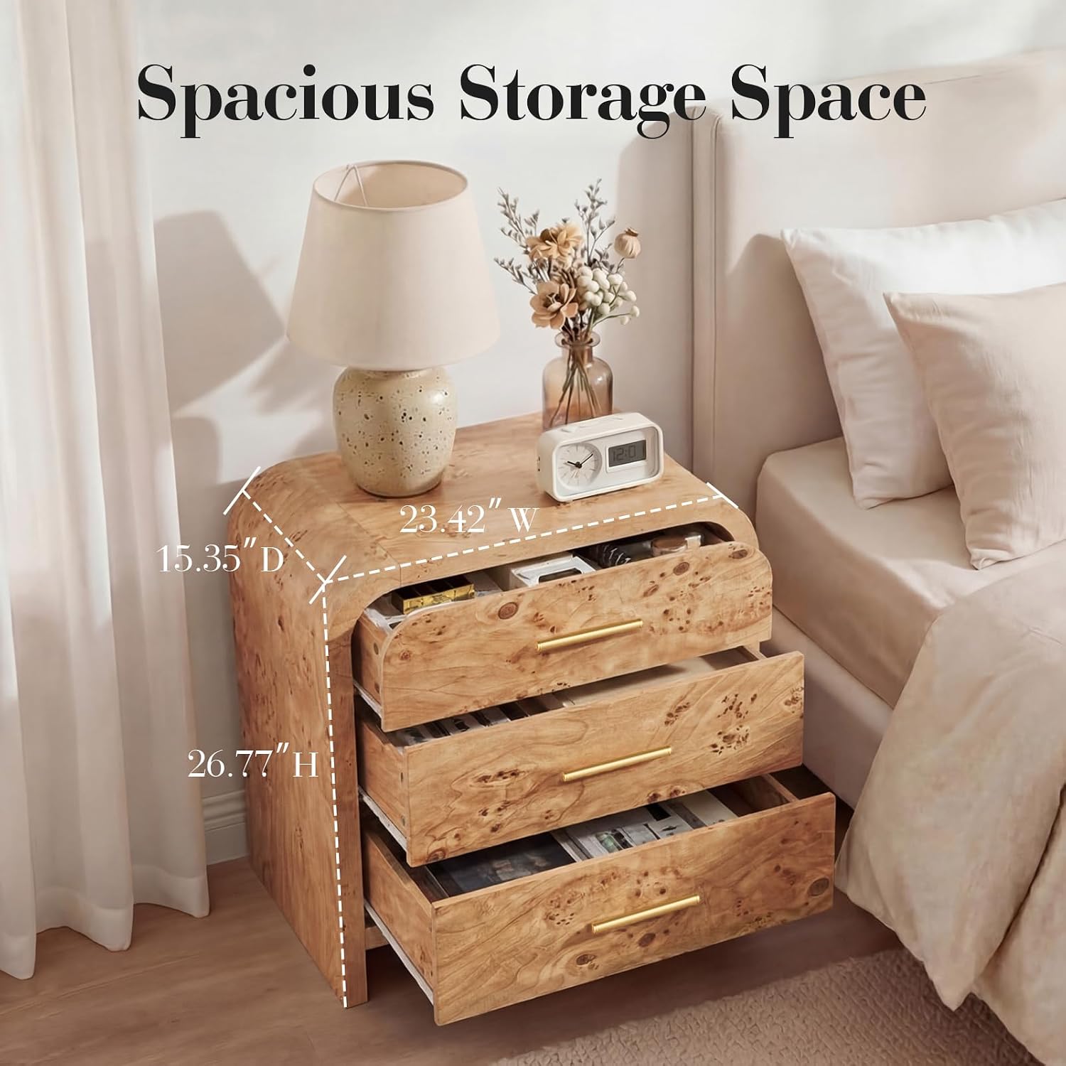 Pair of Curved Three-Drawer Bedside Tables