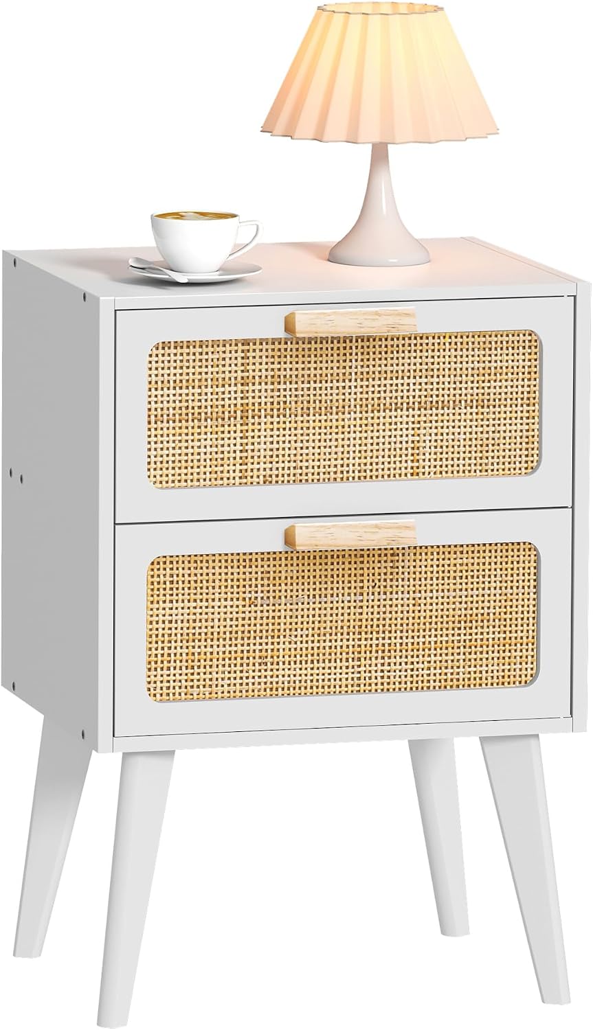 White Rattan Two-Drawer Boho Nightstand