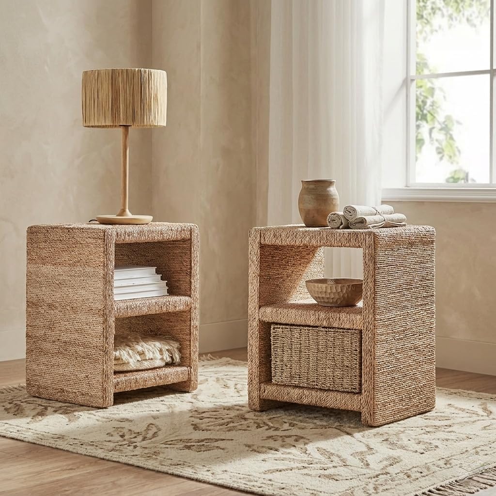 Pair of Seagrass Coastal Side Tables
