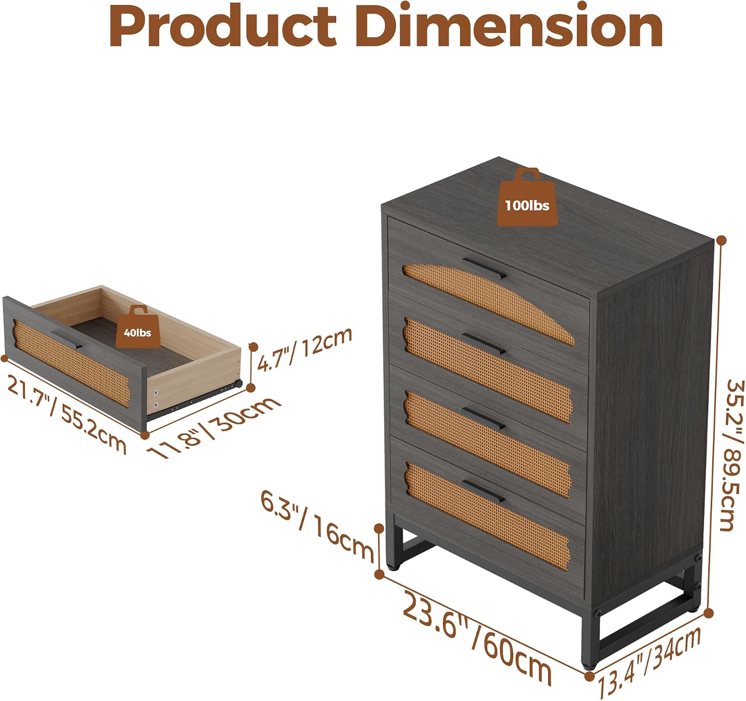 Black Four-Drawer Rattan Tall Dresser