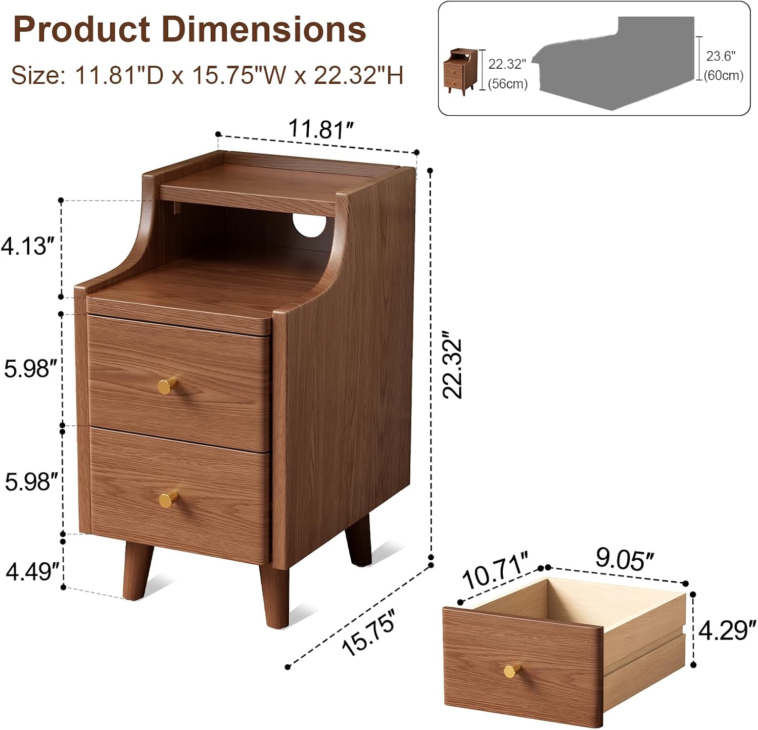 Narrow Walnut Two-Drawer Slim Nightstand