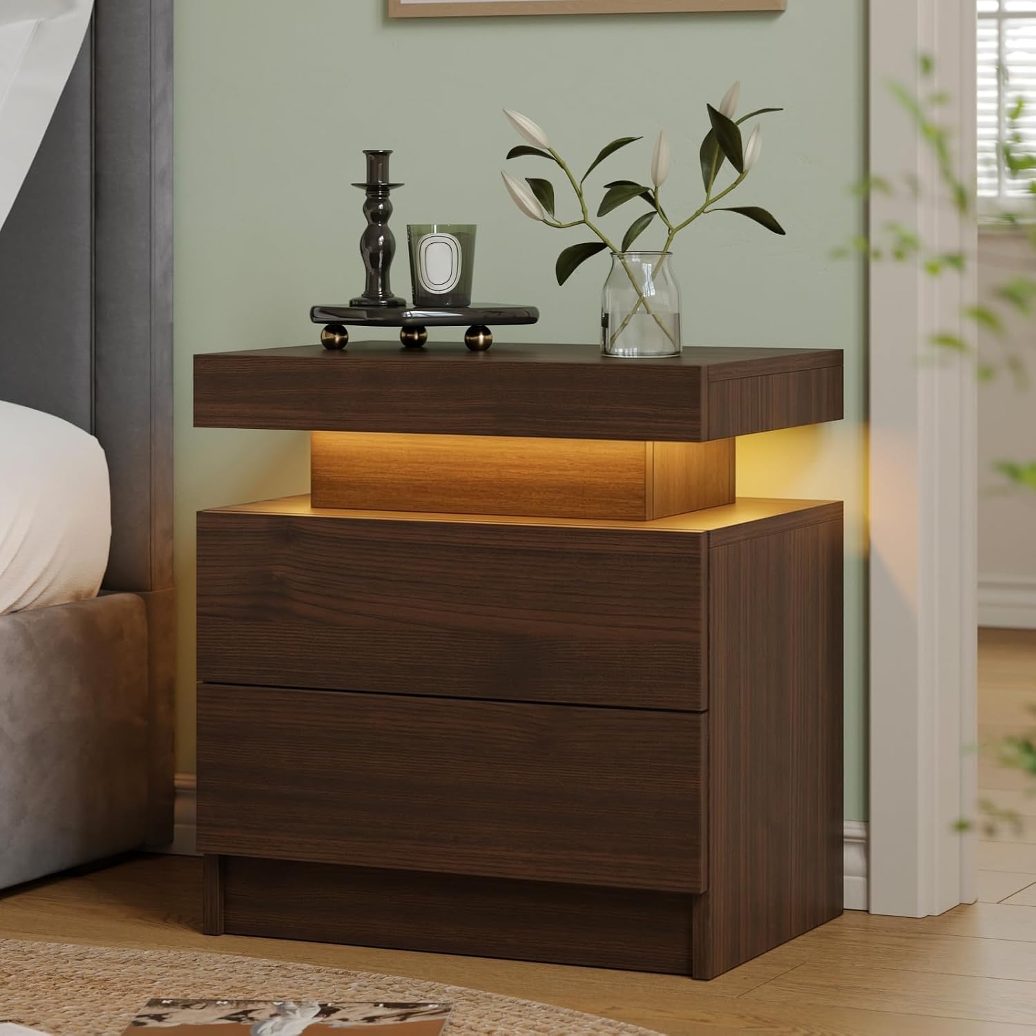 Modern Walnut LED Two-Drawer Nightstand