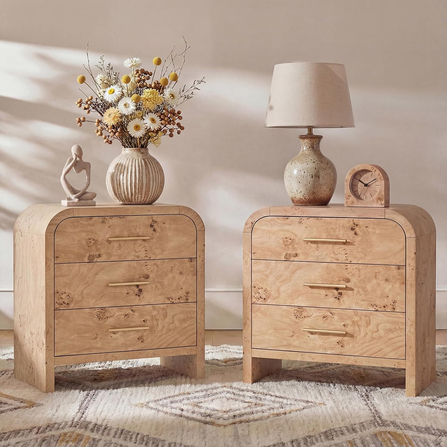 Pair of Curved Three-Drawer Bedside Tables