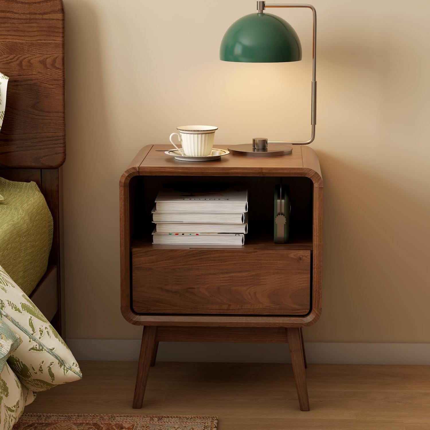 Dark Walnut Single-Drawer Open Shelf Nightstand