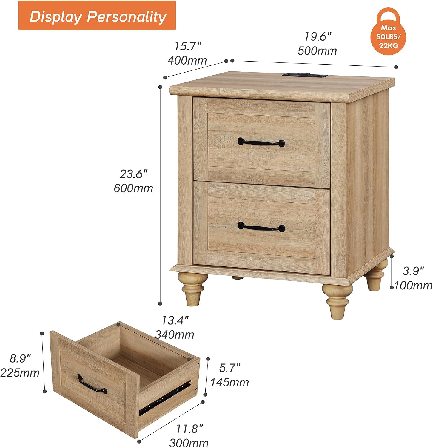 Farmhouse Oak Two-Drawer Charging End Table