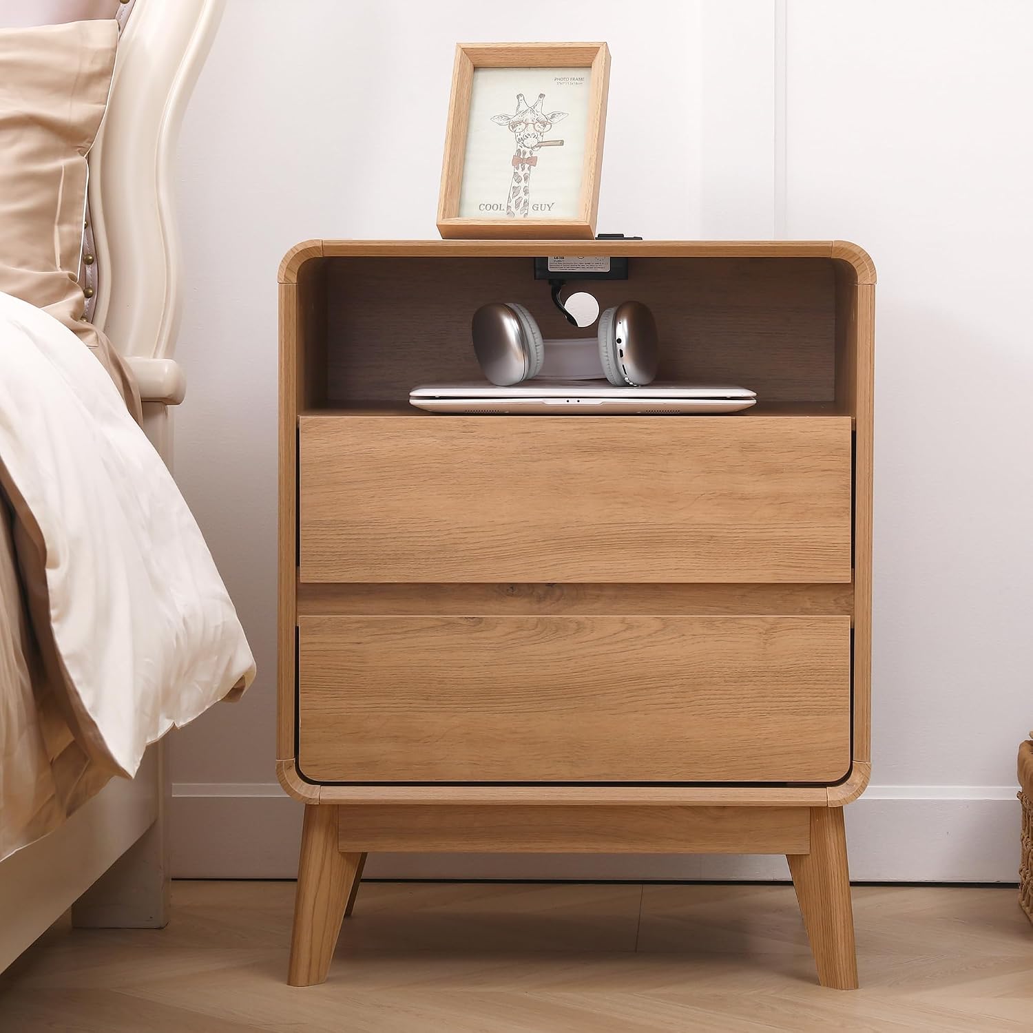Natural Wood Two-Drawer Open Shelf Nightstand
