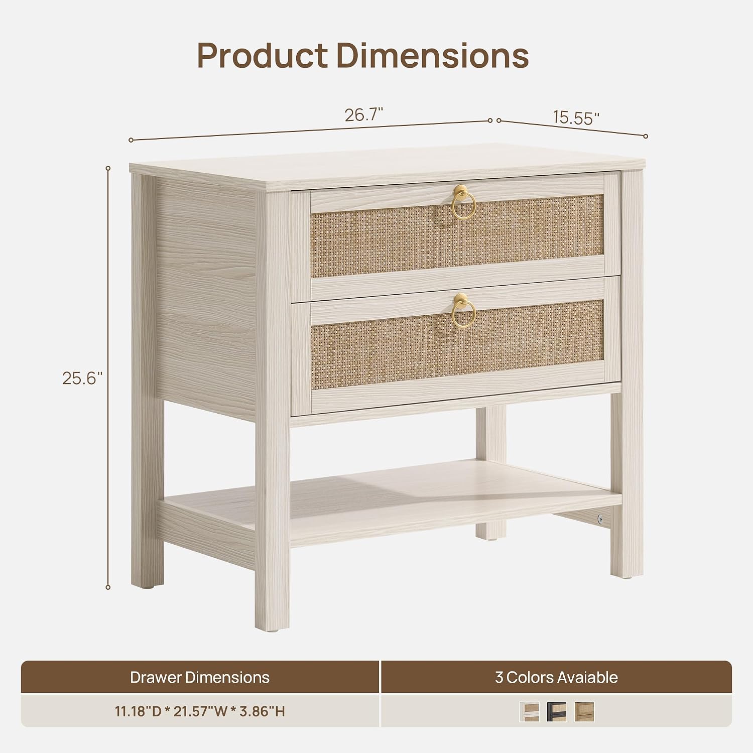 White Rattan Wide Two-Drawer Shelf Nightstand