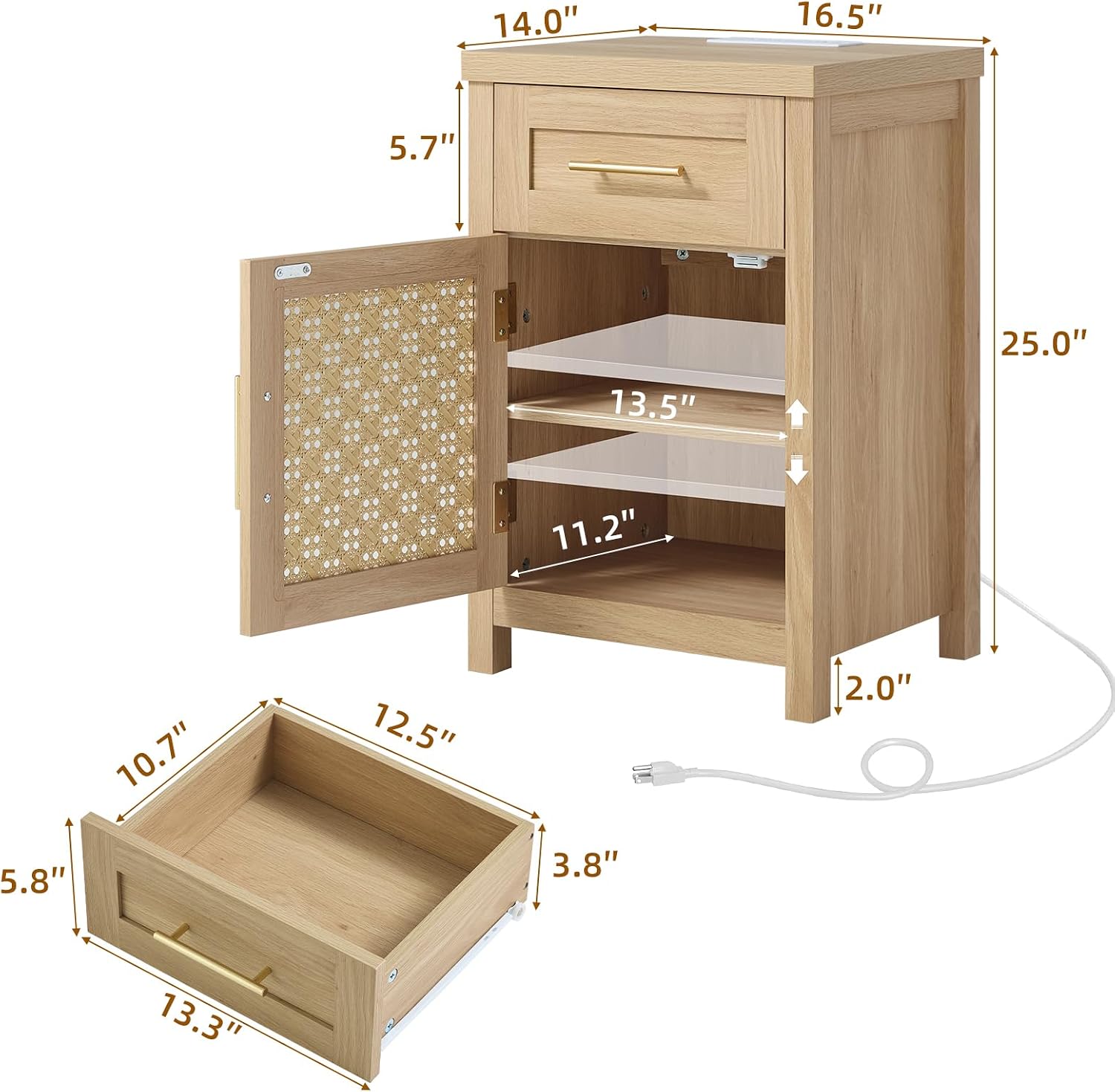 Compact Oak Rattan Adjustable Shelf Nightstand