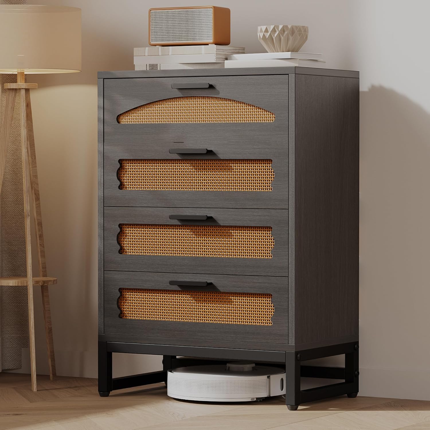 Black Four-Drawer Rattan Tall Dresser