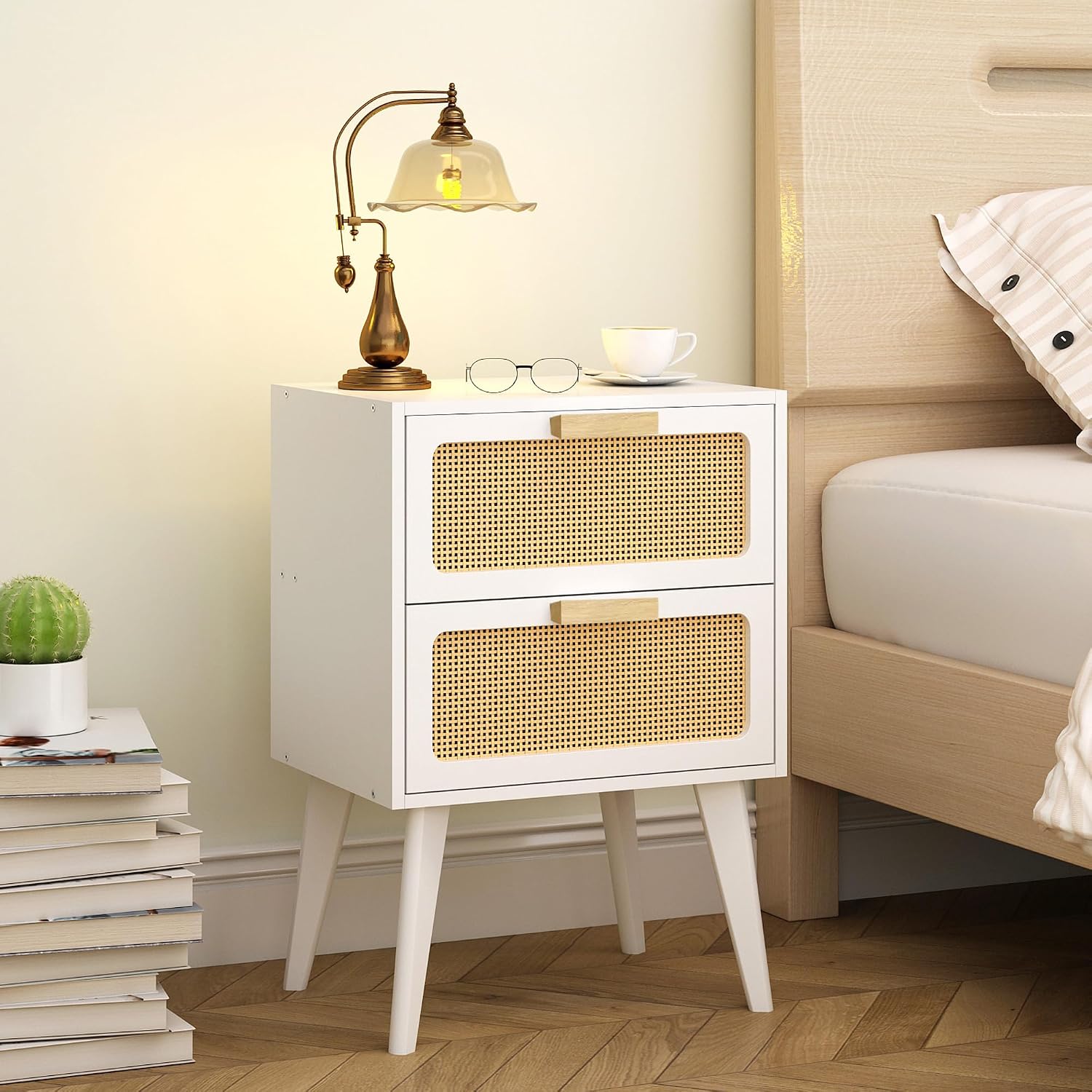 White Rattan Two-Drawer Boho Nightstand