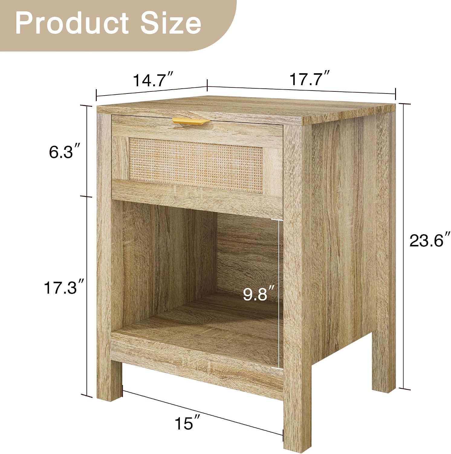 Natural Oak Rattan Single-Drawer Shelf Nightstand