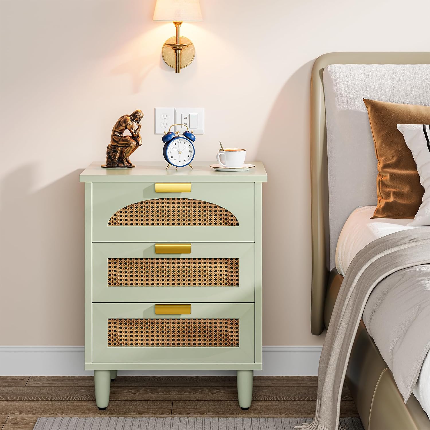 Mint Green Three-Drawer Rattan Nightstand