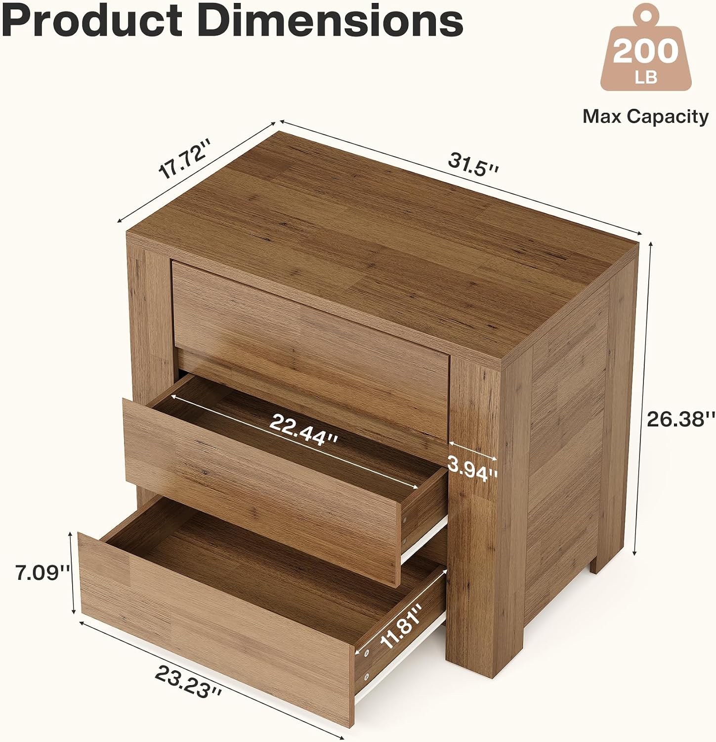 Large Brown Three-Drawer Farmhouse Nightstand