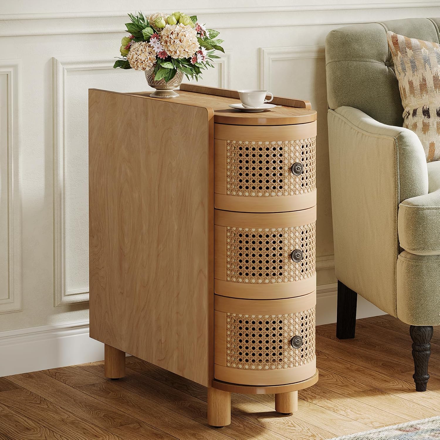 Oak Three-Drawer Rattan End Table