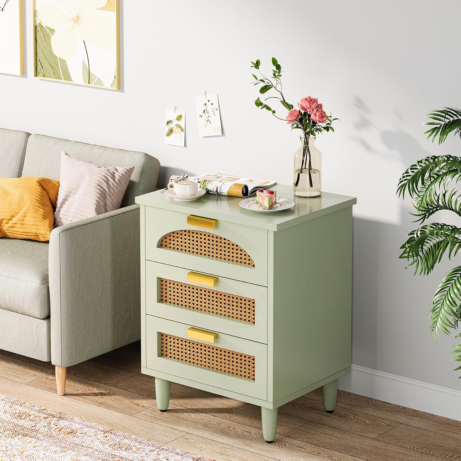 Mint Green Three-Drawer Rattan Nightstand