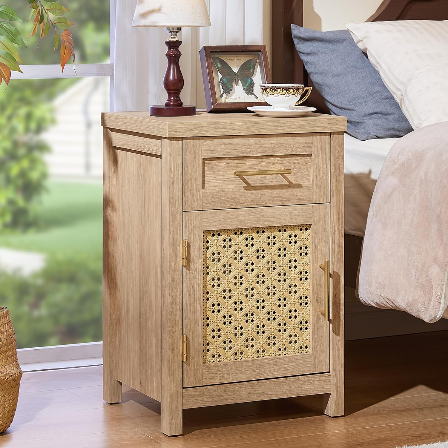 Compact Oak Rattan Adjustable Shelf Nightstand