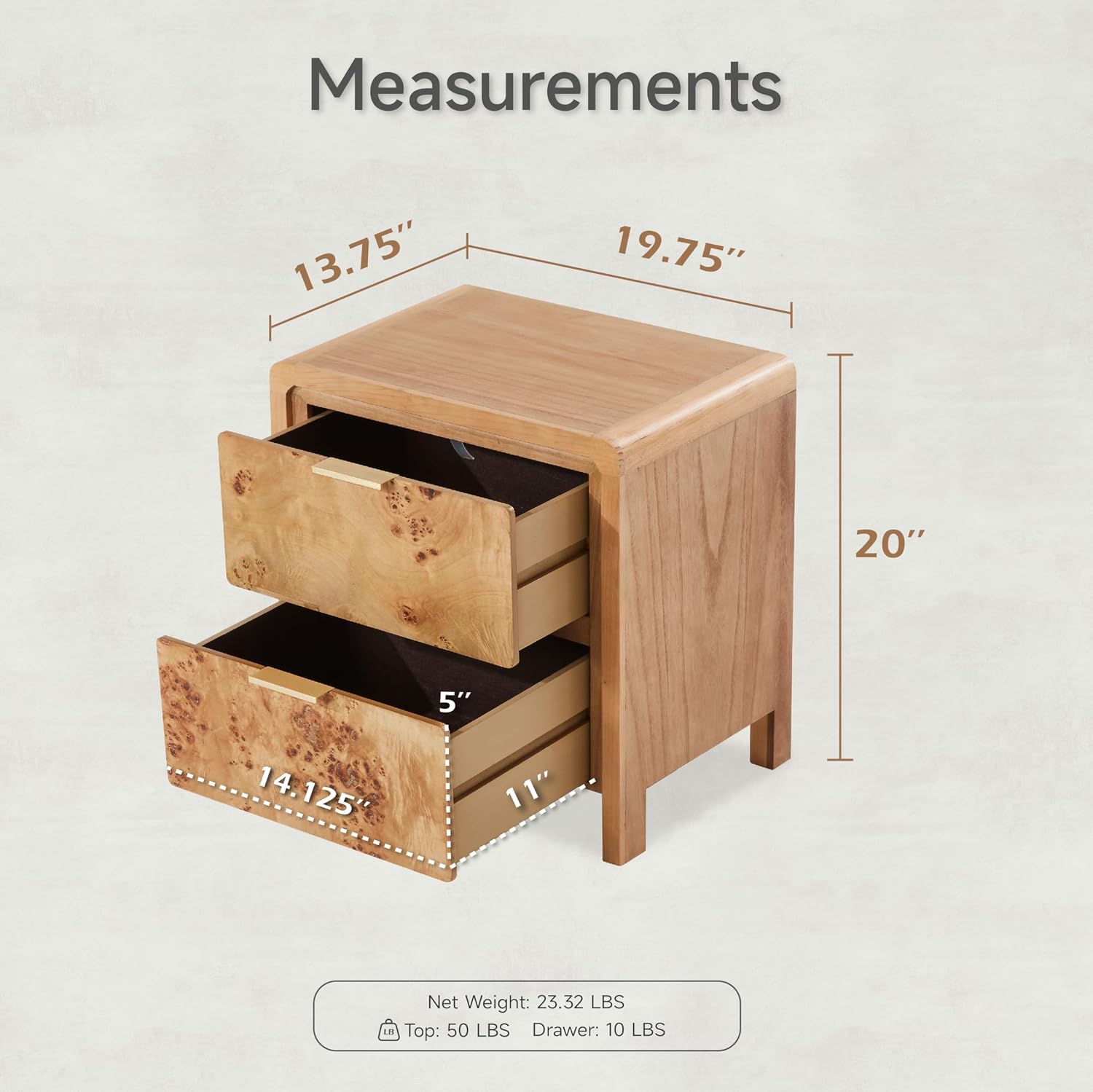 Fully Assembled Distressed Burl Nightstand