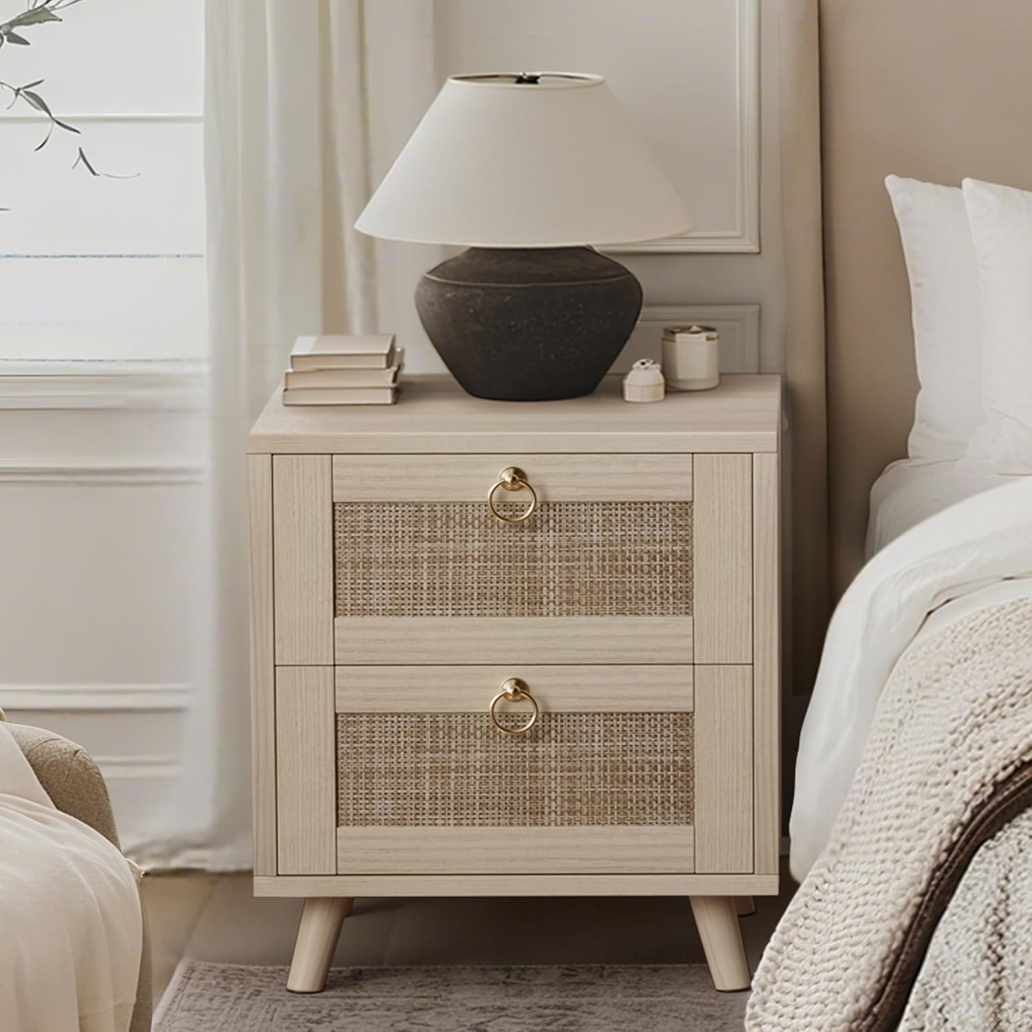 Natural Rattan Two-Drawer Coastal Nightstand