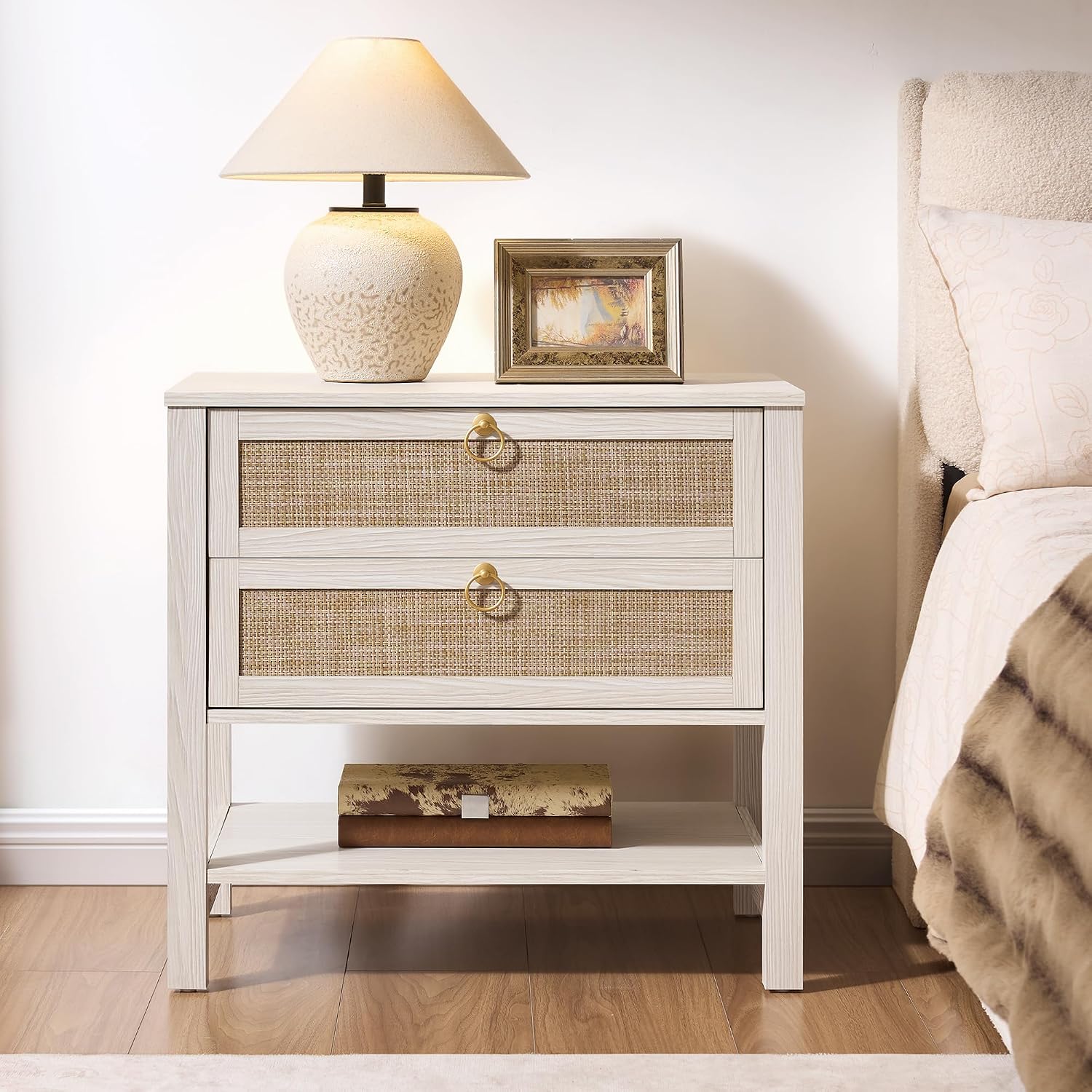White Rattan Wide Two-Drawer Shelf Nightstand