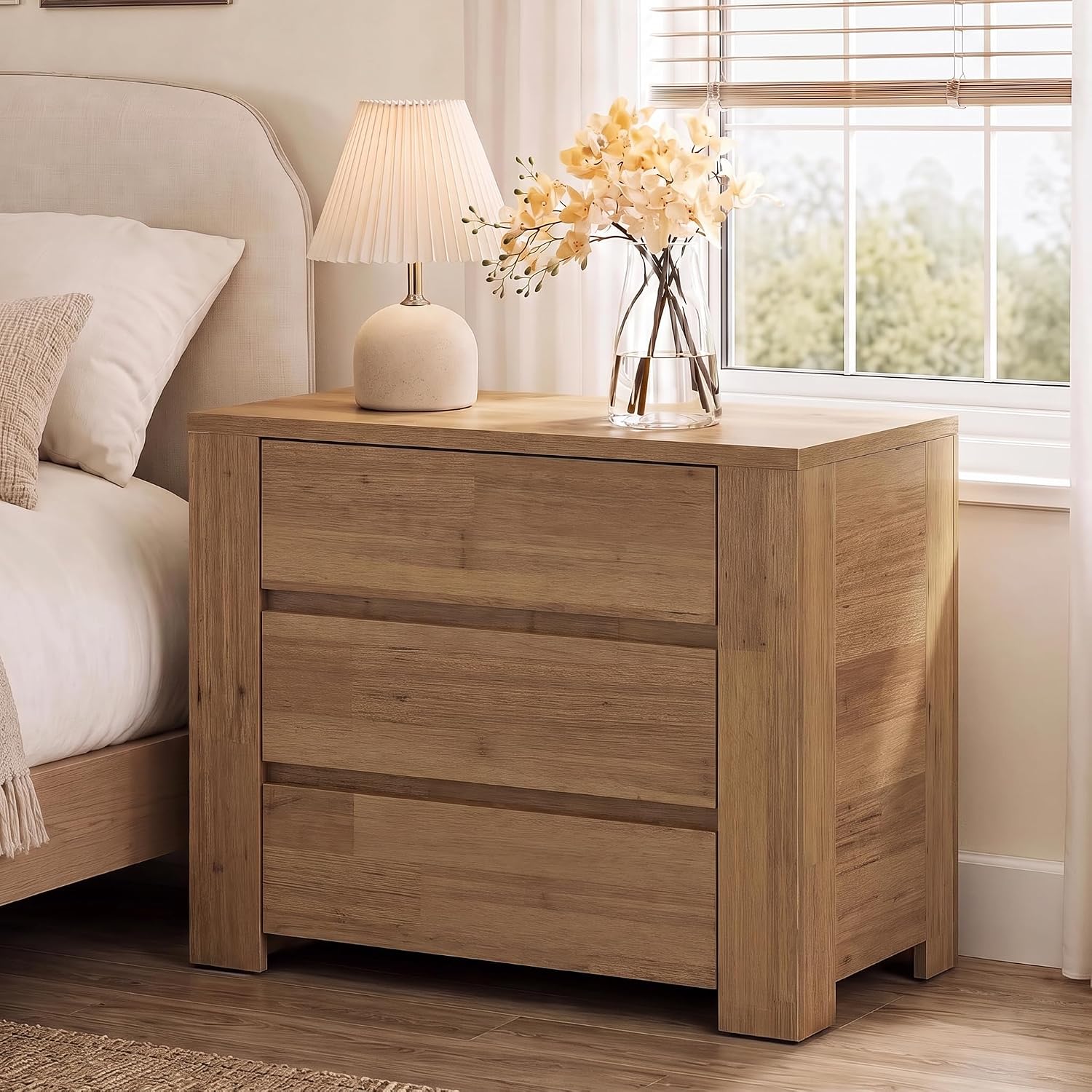 Large Brown Three-Drawer Farmhouse Nightstand
