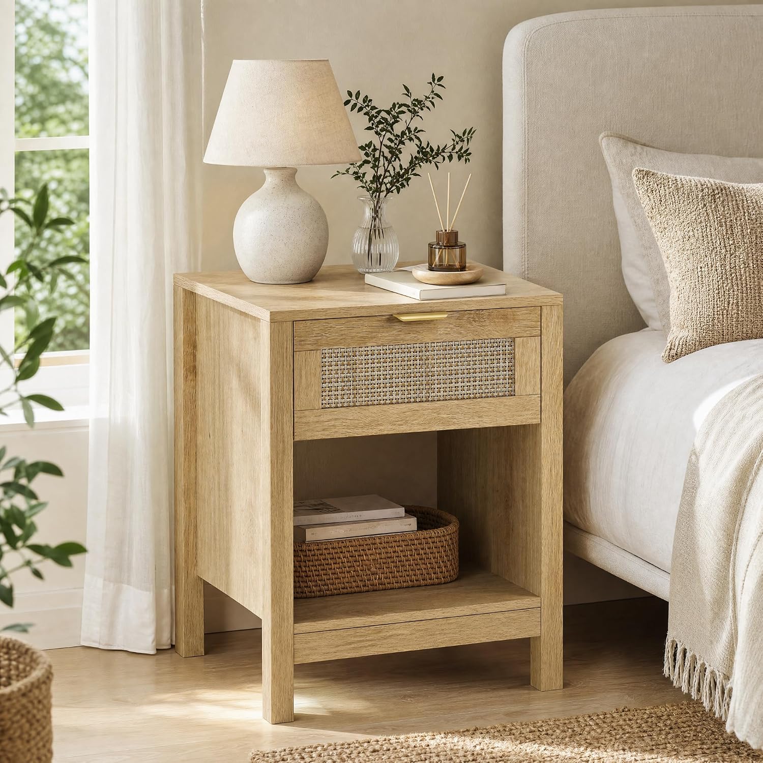 Natural Oak Rattan Single-Drawer Shelf Nightstand