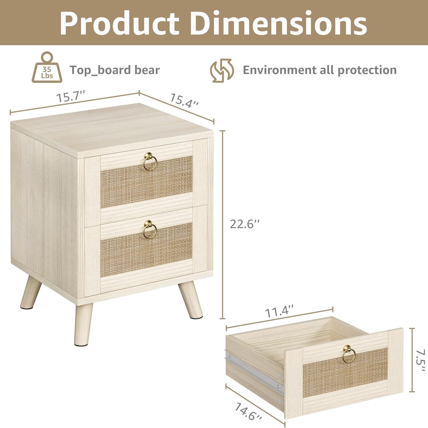 Natural Rattan Two-Drawer Coastal Nightstand