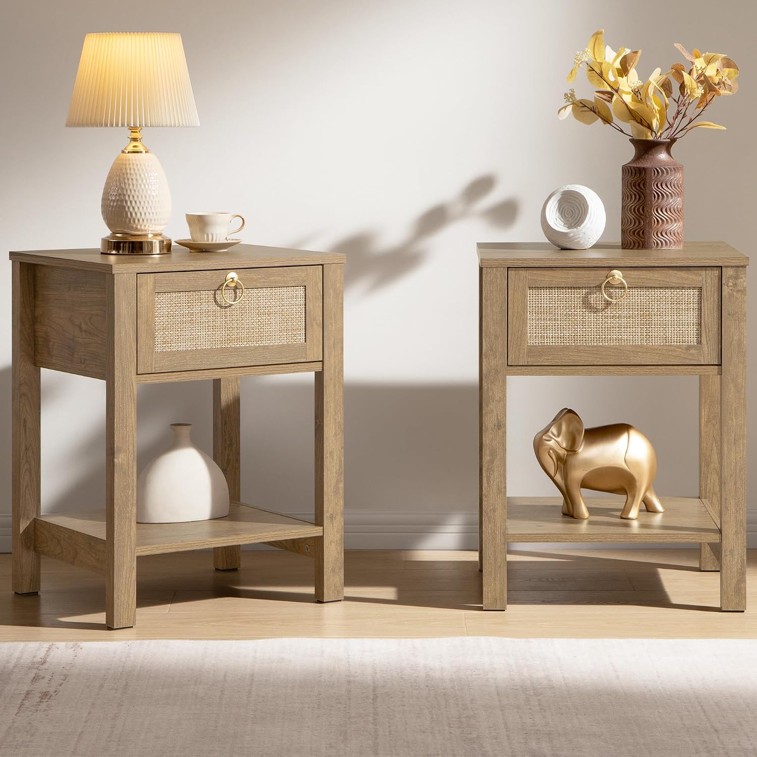 Pair of Rattan Boho Shelf Nightstands