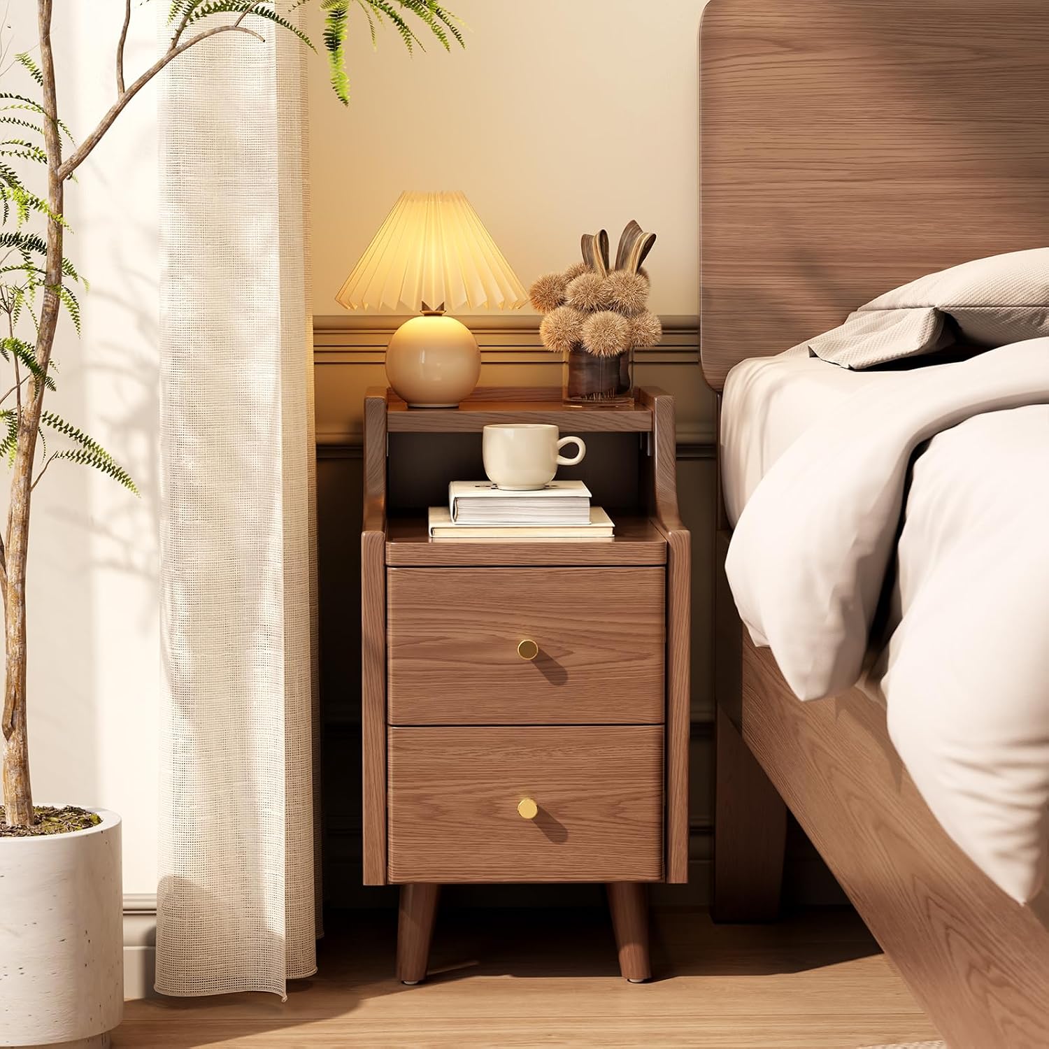 Narrow Walnut Two-Drawer Slim Nightstand