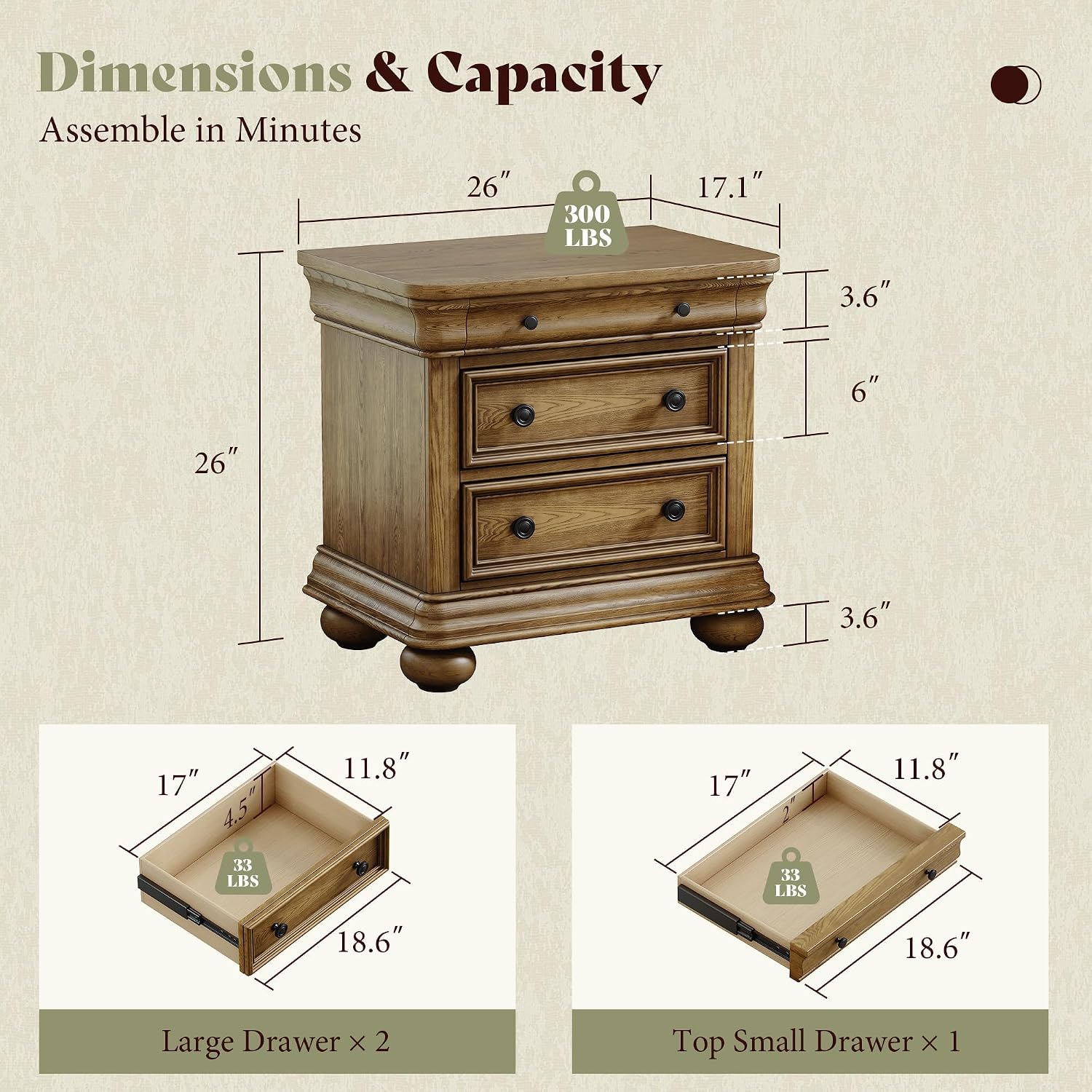 Pair of Solid Wood Three-Drawer Bedside Chests