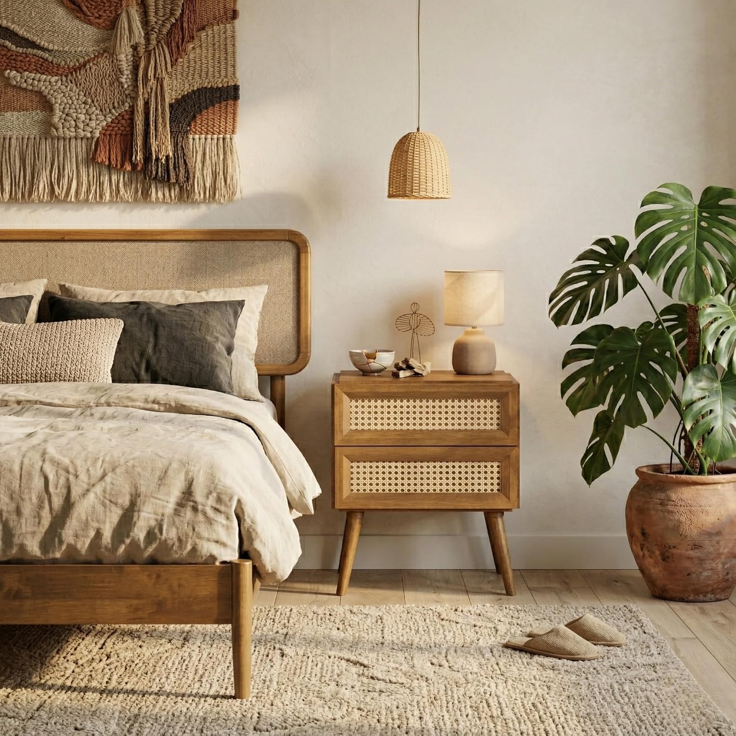 Mel Teak Two-Drawer Rattan Nightstand